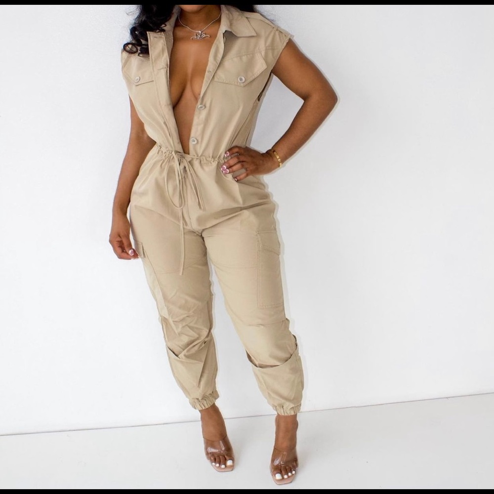 Tan jumpsuit can be worn with heels dressed up or dressed down with sandals